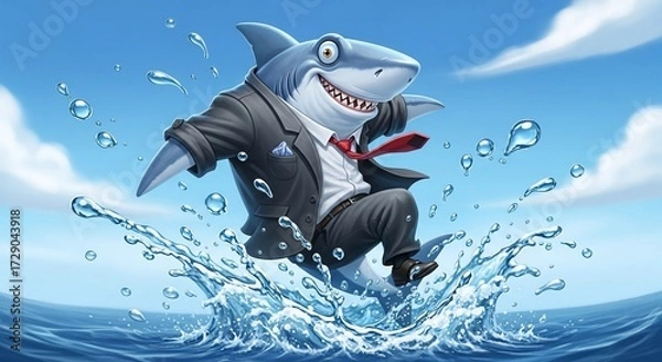 Fototapeta Cartoon Business Shark Leaping from Ocean in Dynamic Splash