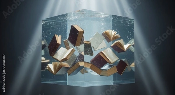 Fototapeta Books Floating in Water Cube Enlightenment of Knowledge Learning