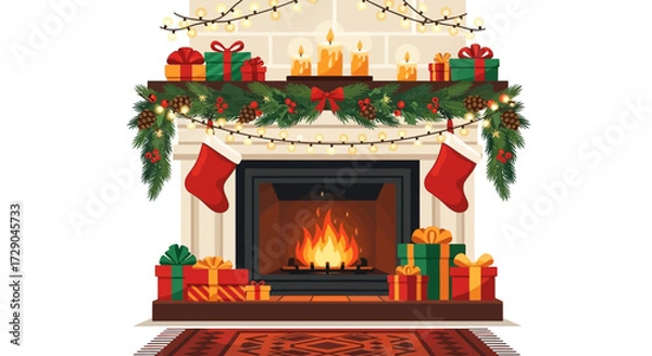 Obraz Festive fireplace illustration with warm glowing flames, stockings and holiday decorations for