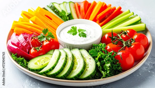 Fototapeta Platter filled with fresh vegetables and a bowl of dipping sauce. AI
