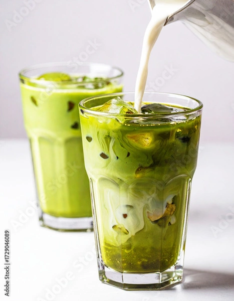 Fototapeta Two glasses of green iced matcha latte. AI