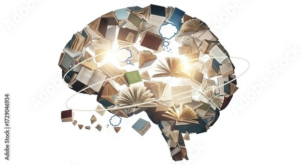 Fototapeta Creative Brain Shape Formed by Flying Books and Glowing Light a Metaphor for Knowledge Education and Ideas