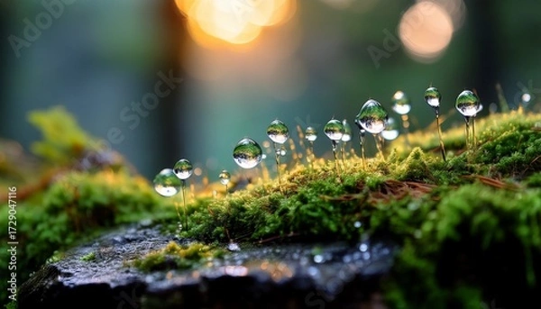 Obraz dewdrops cling to moss on a rock creating an ethereal calming scene good for nature related marketing web design or editorial use
