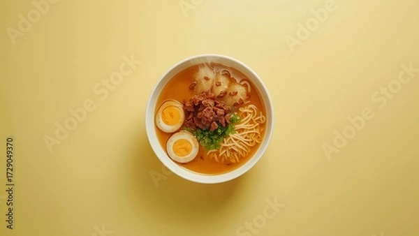 Fototapeta Top view ramen bowl on yellow background with chashu pork, soft boiled eggs, scallions, and noodles in rich broth, clean minimal.