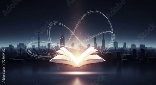 Fototapeta Glowing Open Book Over Futuristic Cityscape Knowledge Light Trails