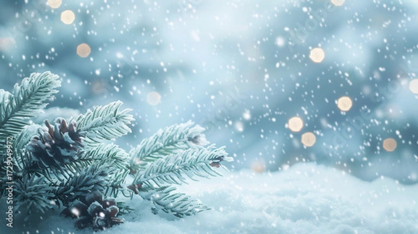 Obraz 雪に包まれた松ぼっくりと枝