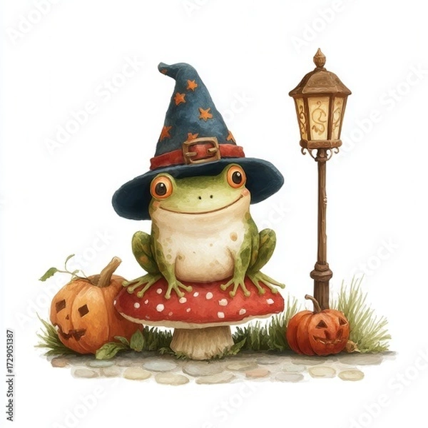 Fototapeta Frog Wearing a Wizard Hat Sitting on a Toadstool Surrounded by Pumpkins and a Lantern, Halloween theme