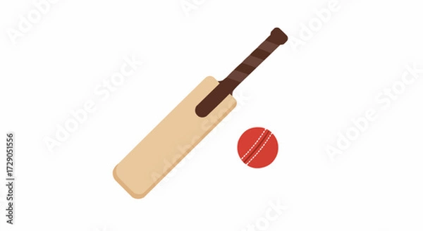 Obraz Illustration of a cricket bat with brown handle and a red cricket ball with white stitching detail
