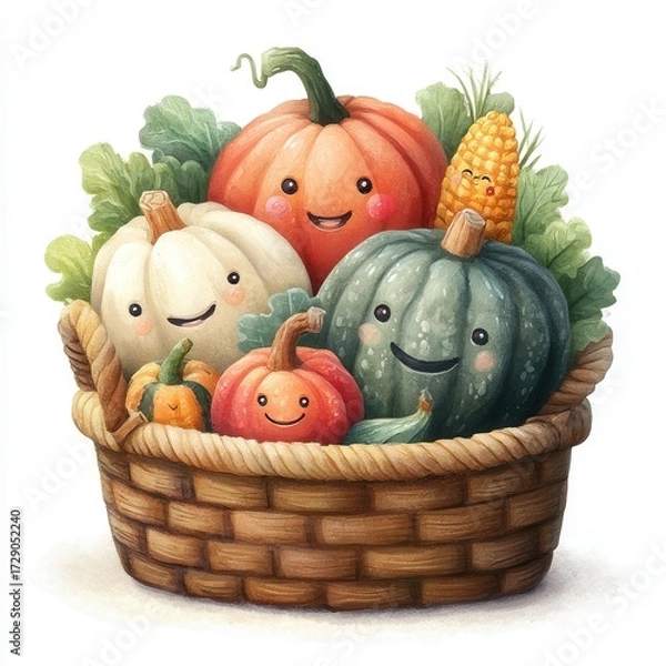 Fototapeta Colorful Basket of Gourds and Squashes with Smiling Faces for Autumn Decorations, Halloween theme