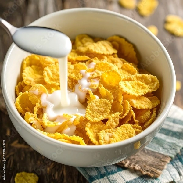 Fototapeta Cereal bowl with milk being poured
