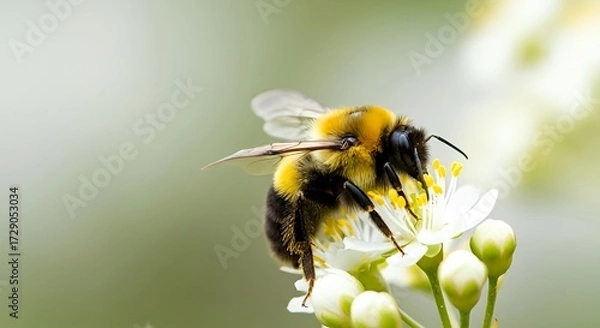 Obraz Bumblebee Feeding on a Delicate White Flowe
