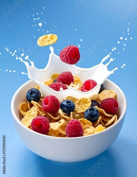 Fototapeta Cereal bowl with milk splash and berries