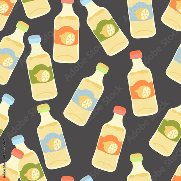 Fototapeta Seamless pattern with lemonade bottles in flat style.Element for decoration design mail posts postcards poster print invitation background backdrop wrapping wallpaper banner textile
