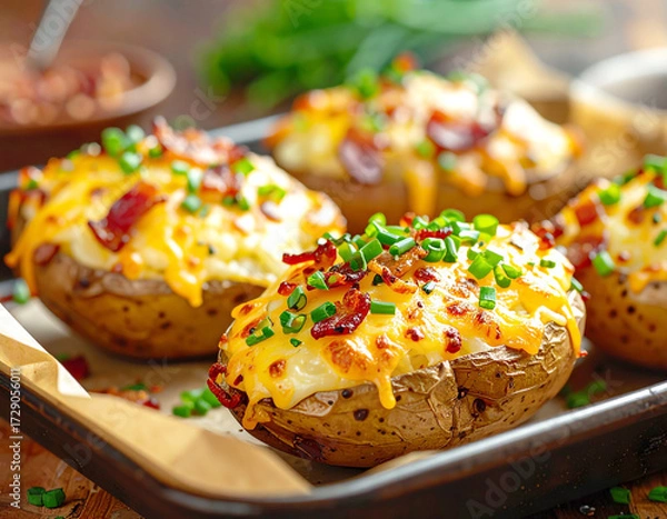 Fototapeta Twice baked potatoes with cheese, bacon and scallion. AI