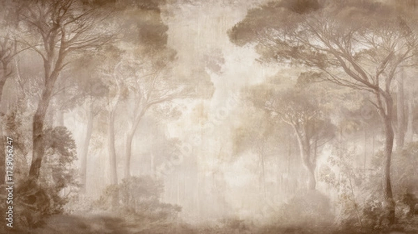 Fototapeta Aged parchment paper as background, empty center for writing, forest trees on edges, faded forest landscape.