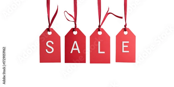 Fototapeta Red sale tags hanging on ribbons isolated on black background