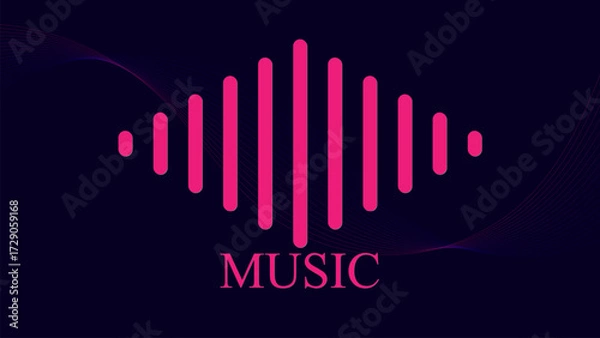 Fototapeta Minimalist vector sound wave with the word MUSIC in bold neon gradient design on dark background, symbolizing audio, rhythm, and digital streaming.