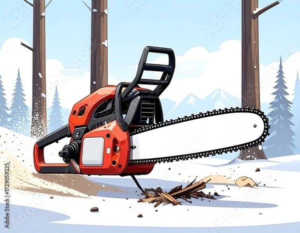 Fototapeta Chainsaw in snowy forest