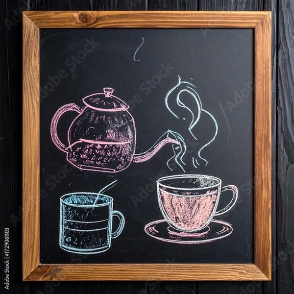 Fototapeta Chalk drawing of a tea set on a chalkboard.  A kettle, mug, and teacup are depicted