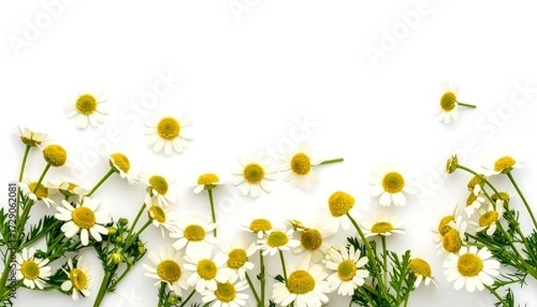 Fototapeta Chamomile flowers scattered on white background (1)