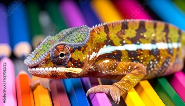 Fototapeta Chameleon resting on colorful pencils