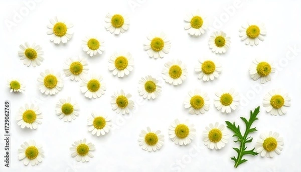 Fototapeta Chamomile flowers scattered on white background