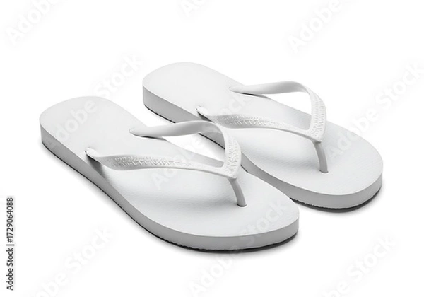 Fototapeta Pair of white flip flops isolated on white background for summer vacation