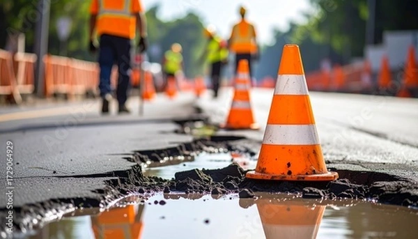 Fototapeta Road construction with warning cones, safety vests, and workers in the background. The scene depicts asphalt damage and repair work