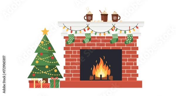 Obraz Charming christmas scene featuring a decorated tree fireplace and cozy beverages celebrating