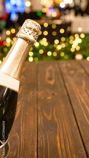 Fototapeta Champagne bottle on wooden table with blurred Christmas lights