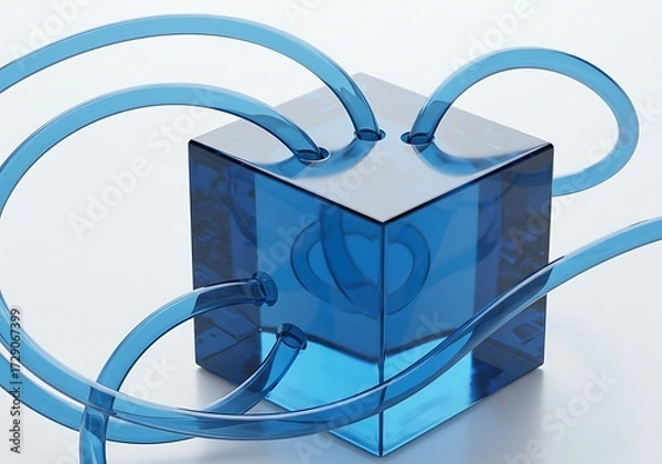 Fototapeta Abstract blue cube with tubes isolated on white background
