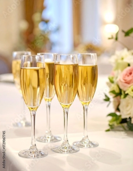 Fototapeta Champagne flutes on a table, elegant setting