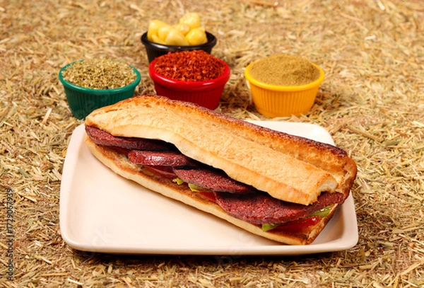 Obraz a delicious sandwich with sausage, vegetables, peppers and spices