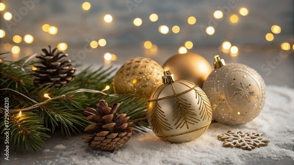 Obraz Christmas Ornaments with Golden Lights —AI GENERATED
