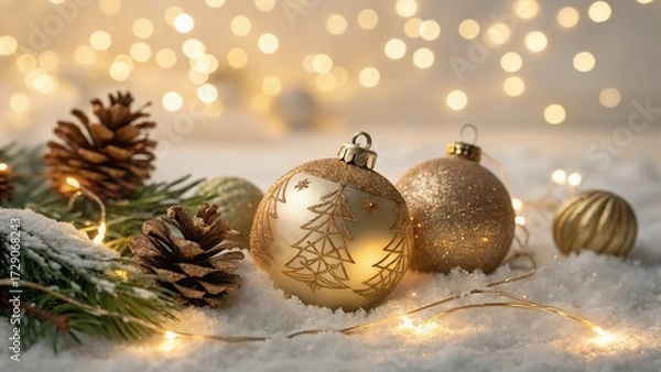 Obraz Christmas Ornaments with Golden Lights —AI GENERATED
