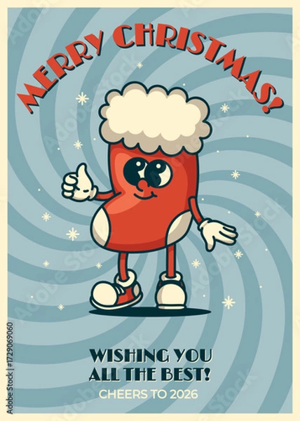 Fototapeta Vintage santa sock mascot Christmas card with gifts and sparkle jolly greeting for new year 2026 celebrations