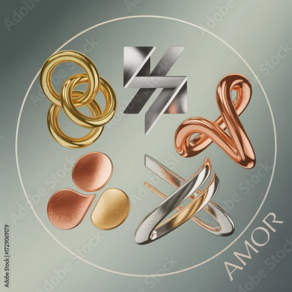 Fototapeta Abstract 3D metallic shapes and symbols within a circle gold silver copper