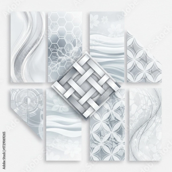 Fototapeta Abstract white and grey geometric patterns and flowing organic shapes arranged compositionally