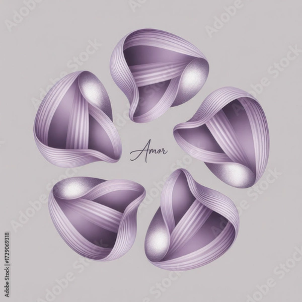 Fototapeta Five abstract lavender ribbon sculptures form a circle with 'Amor' calligraphy in the center