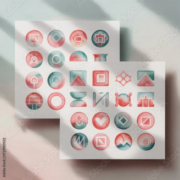 Fototapeta Abstract watercolor icons in circular and square shapes soft pastel colors artistic symbols