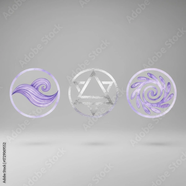 Fototapeta Three circular emblems featuring a purple wave a silver hexagram and a purple swirl
