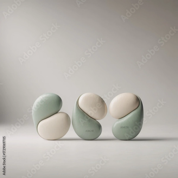 Fototapeta Three abstract organic forms with pastel green and beige tones displaying the word AMOR on two items