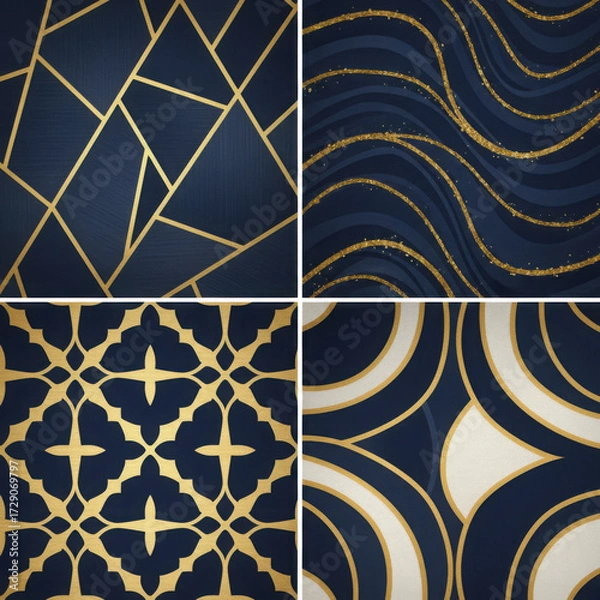 Fototapeta Collection of four dark blue seamless patterns with intricate gold geometric and decorative designs