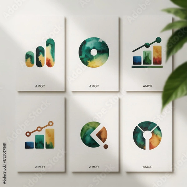 Fototapeta Six watercolor charts and graphs with abstract shapes in green yellow and orange hues on white cards