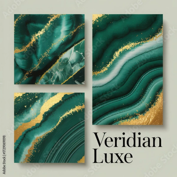 Fototapeta Abstract green and gold marbled artwork compositions with flowing textures