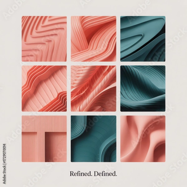 Fototapeta Abstract geometric textures and organic curves in coral and teal hues displayed in a grid