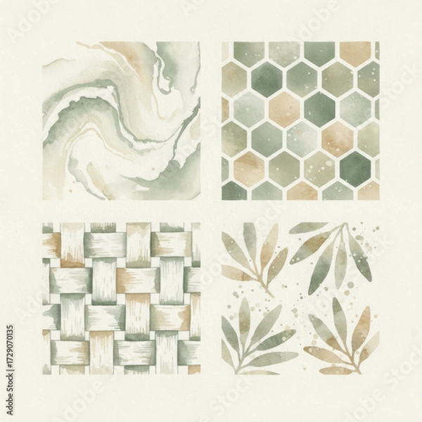 Fototapeta Collection of four watercolor patterns marbled texture honeycomb grid woven weave and botanical leaf elements