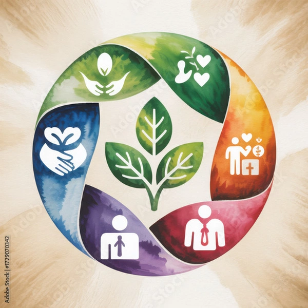 Fototapeta Circle of icons representing growth community health and business development