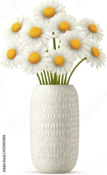 Fototapeta A bouquet of white daisies in a textured light gray vase against a white background.