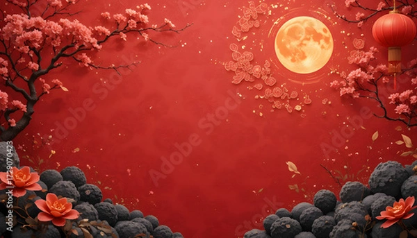 Fototapeta Red themed Chinese copy space with red cherry blossom, moons, red lantern and group of stone rock for Chinese culture and religion used. 